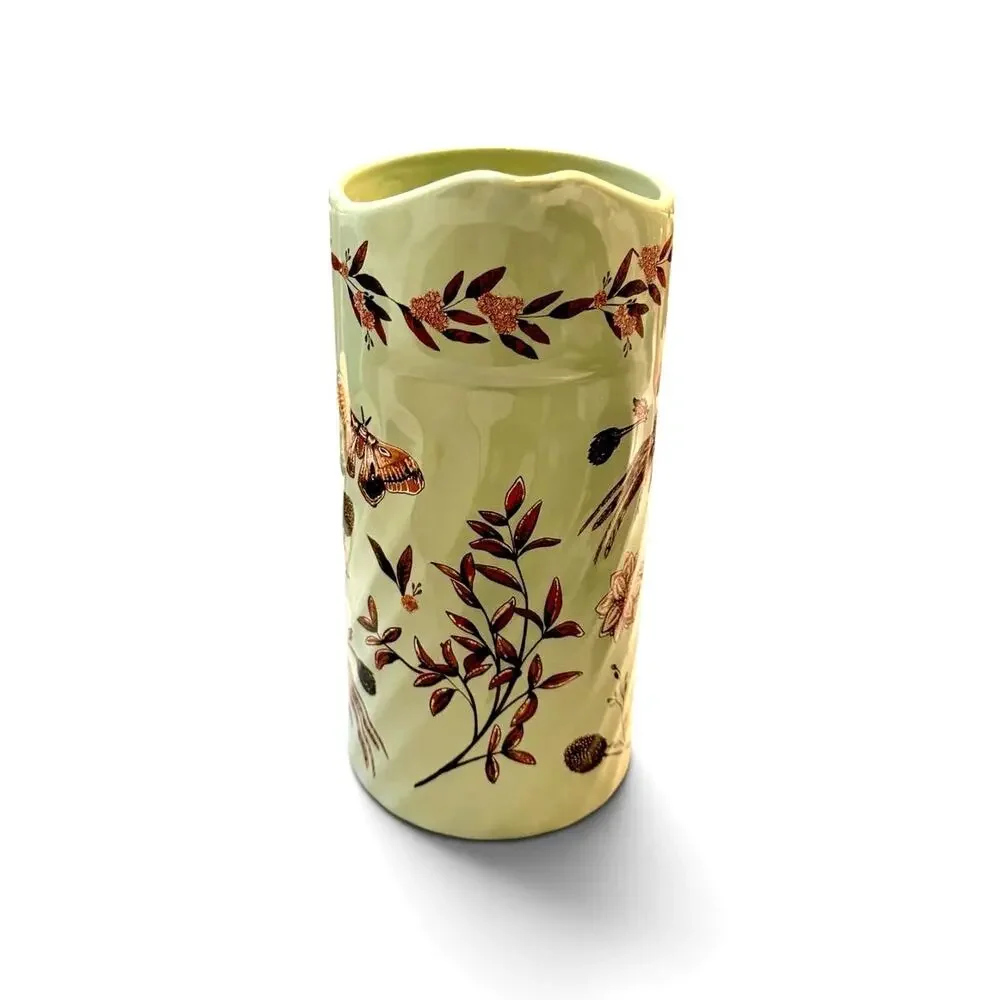Anthropologie Elin Pitcher Handpainted Stoneware Pheasant Floral 18.5